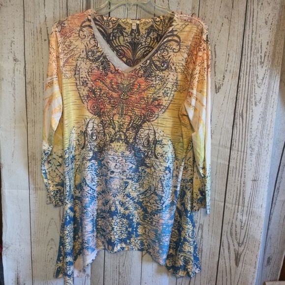 Reba Tops - Reba Multicolor V-Neck Women's Longer Top Riveted Detail Casual Office Large